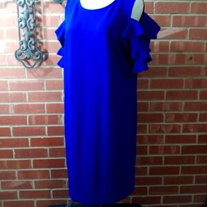 London Times Blue Cold Shoulder Midi Dress with Ruffles for Cocktail